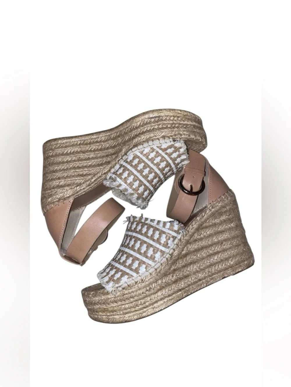 MARC FISHER “Andrew” Espadrilles Woven Wedge Platform Sandals in Tan White SZ 9M